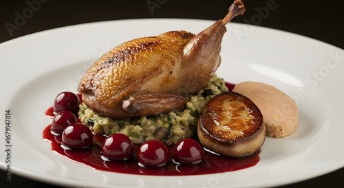 Roasted Quail with Red Cherries and Risotto on White Plate