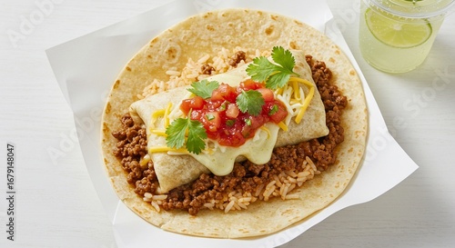 Hearty and delicious burrito featuring seasoned ground meat, melted cheese, fresh salsa, and cilantro, served on a warm tortilla