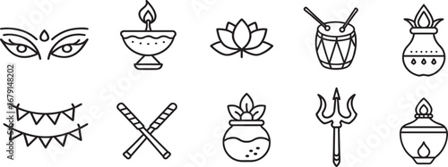 Navratri and Durga Puja Festival Line Icon Set