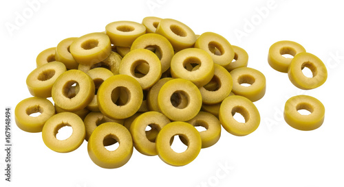 Isolated sliced green olives pile