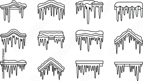 Collection of icicles hanging from roofs, capturing winter's icy beauty and architectural details