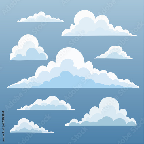 Fluffy Cloud Cartoon Set on Blue Gradient Sky for Weather Forecasts