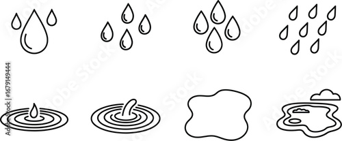 Illustration of water drops and puddles, showcasing various stages of water accumulation