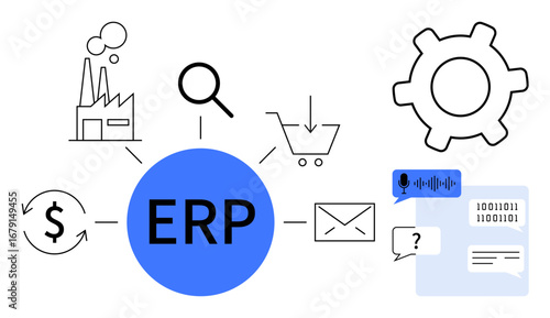 ERP hub links industry, magnifying glass, shopping cart, gear, email, speech bubbles, binary code, dollar with arrows. Ideal for business operations data communication workflow integration