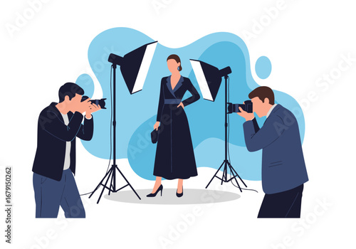 Professional photographers capturing fashion model images in studio lighting setup