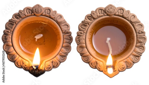 Two clay oil lamps burning