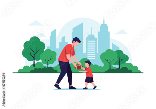 Father and child enjoying an outing in a lush green park with a cityscape background