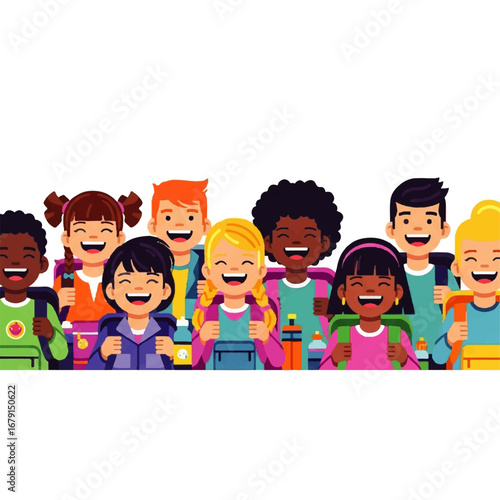 A joyful group of diverse cartoon children with backpacks, representing happy kids who go to school together in friendship and fun