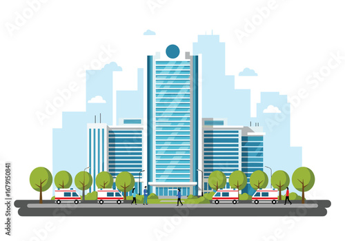Modern hospital building exterior with ambulances and cityscape background