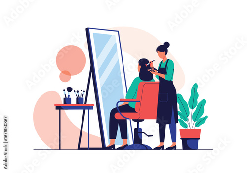 Hairdresser styling client hair in salon with large mirror and plants decoration