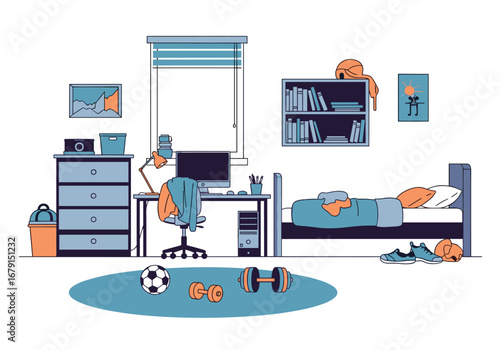 Bedroom interior design with a bed desk and sports equipment for young people