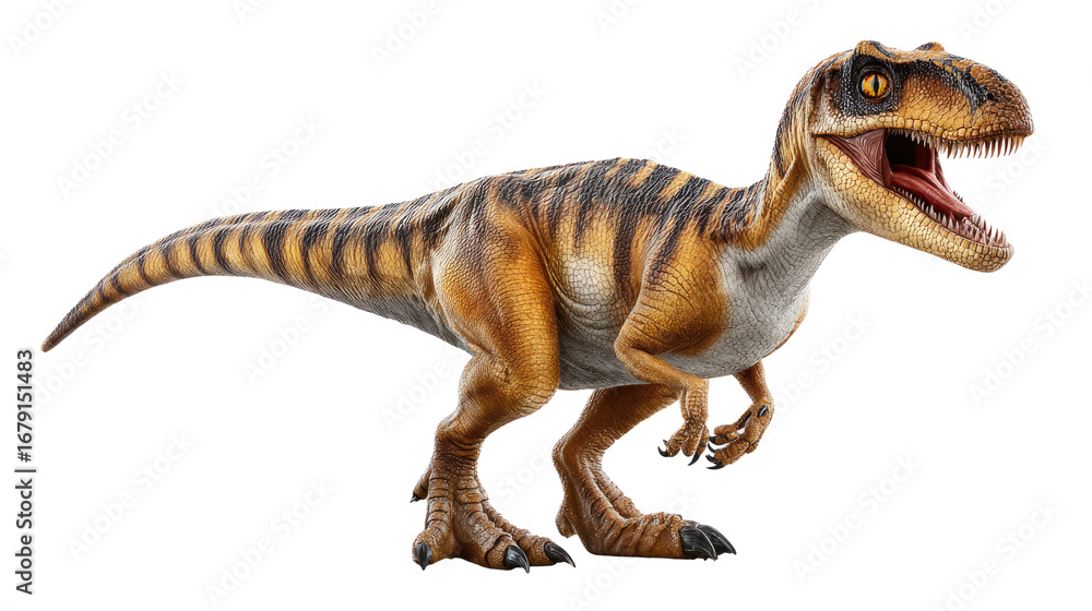 Fototapeta premium Dinosaur's Roar: A realistic depiction of a fierce dinosaur, its mouth agape in a roar, showcasing intricate details of its skin and features in vivid, photorealistic rendering.