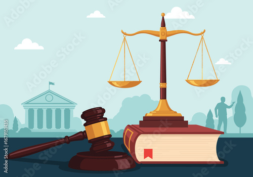 Justice and law symbolism representing fairness equity and legal proceedings in a courtroom setting