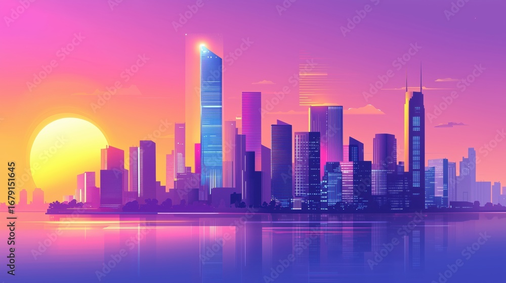 Obraz premium Mesmerizing Urban Skyline at Dusk with Radiant Sun and Reflecting Neon Architecture