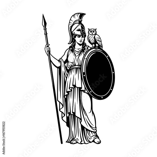 Goddess Athena with Spear, Shield, and Owl - Black and White Vector Illustration