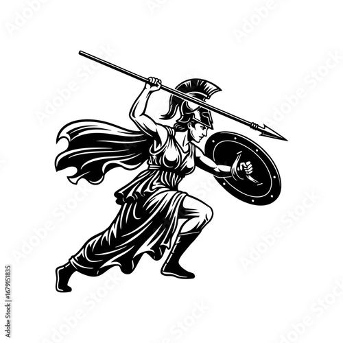 Powerful Greek Female Warrior with Helmet, Spear, and Shield Charging Vector Illustration