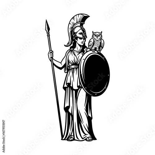 Greek Goddess Athena with Owl, Spear, and Shield Black and White Illustration