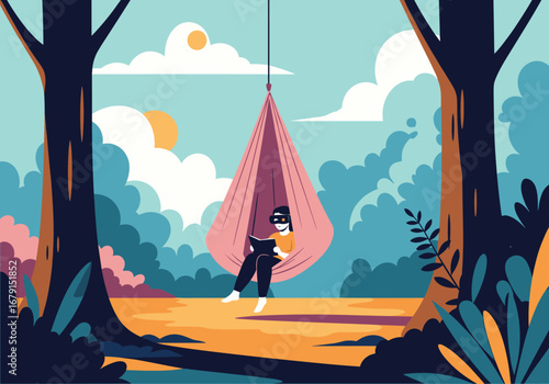 Relaxing person enjoying a hammock swing underneath lush green trees on a sunny day