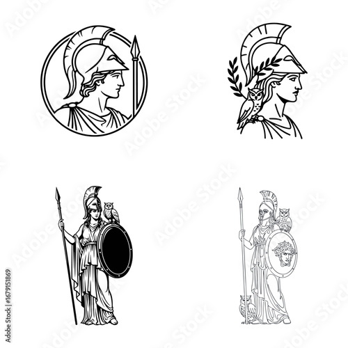 Athena Greek Goddess Illustrations: Mythology Symbols with Helmet, Spear, Shield, and Owl