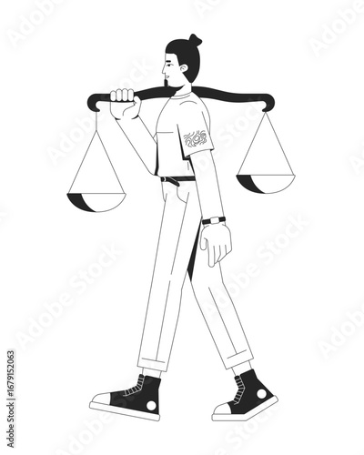 Know your rights line illustration concept. Human justice. Citizen law in daily life. Caucasian man carrying balance scales on shoulder outline 2D character isolated. Ink linear metaphor vector art