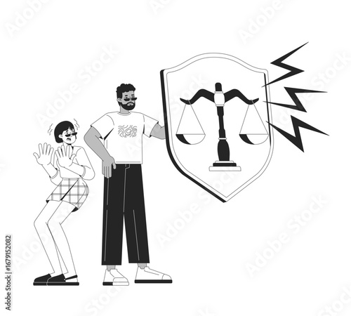 Legal protection line illustration concept. Protective law. Asian woman reacting in fear, black man defending with scale shield outline 2D characters isolated. Ink linear metaphor vector art