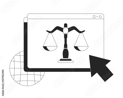 Online user rights line illustration concept. Digital law. Internet justice. Web window with balance scales and cursor arrow outline 2D composition isolated. Ink linear metaphor vector art