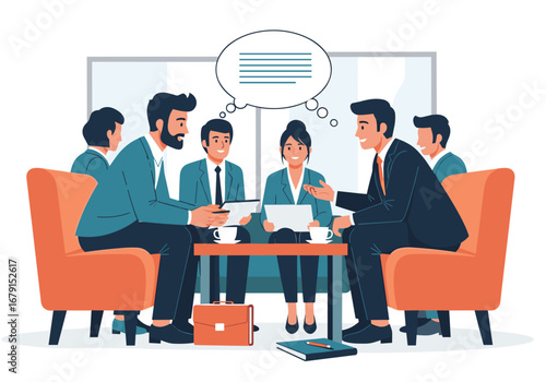 Diverse group of professionals engaged in a productive business meeting discussing ideas and collaborating on a project