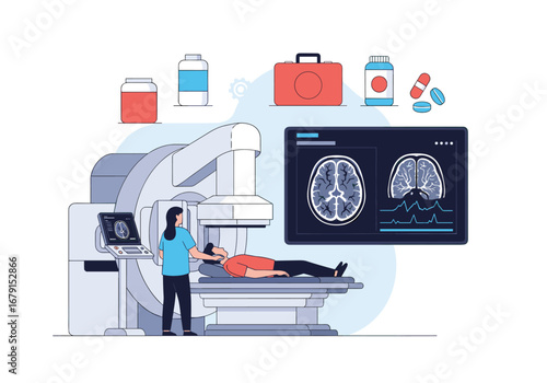 Medical professionals conducting advanced brain imaging scan with diagnostic display showing neural activity