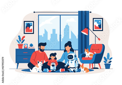Modern family enjoys quality time together with robotic companion and pets indoors