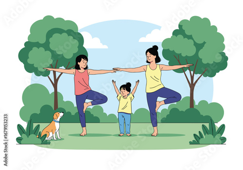 Three people and dog practicing yoga in the park together on sunny day