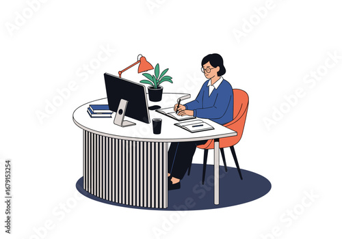 Professional woman working diligently at her modern office desk with computer and plant
