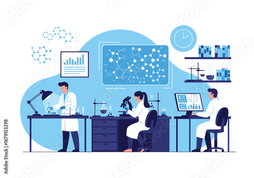 Modern science research laboratory with scientists conducting experiments and discoveries