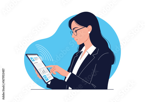Professional businesswoman analyzing financial charts and reports on her tablet computer