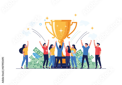 Celebrating victory a team achieves success with a giant golden trophy and cash prizes