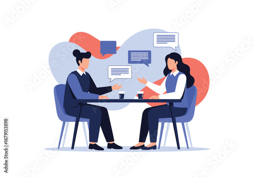 Two people discussing ideas sitting at a table with coffee cups and speech bubbles overhead