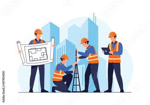 Team of construction workers collaborating on a building project with blueprints and technology