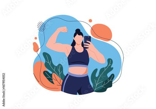 Woman taking a selfie showing her biceps after a workout session