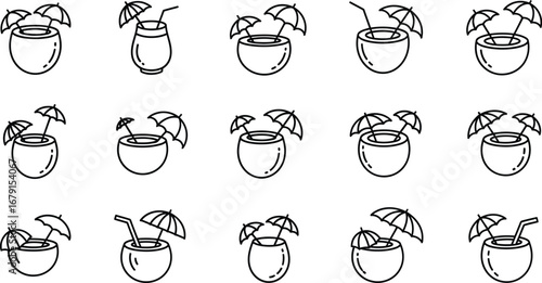 Various coconut cocktails with umbrellas and straws are a tropical and refreshing treat.