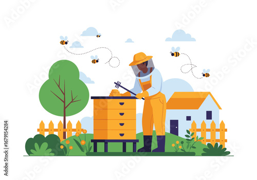 Beekeeper in protective suit tending to honeycomb in apiary with bees flying around