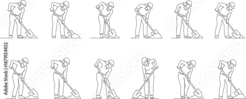 A man digging with a shovel depicting labor, gardening, and the act of digging in a simple style