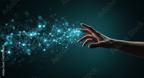 Human Hand Interacting with Digital Network Connections and Glowing Particles of Light