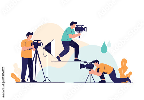 Professional filmmaking crew capturing dynamic scenes with cameras and lighting equipment