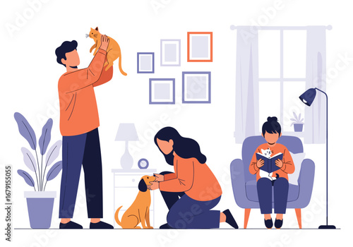 Family happily interacting with pets in a cozy living room setting