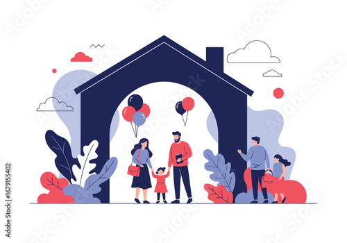 Diverse family members gather under the arch of a cozy home surrounded by lush foliage and festive balloons