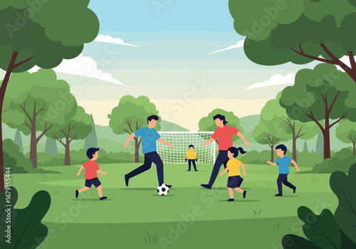 A cheerful family enjoys a vibrant outdoor soccer game on a sunny afternoon