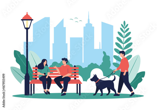 People relaxing and enjoying a sunny day in a city park surrounded by greenery