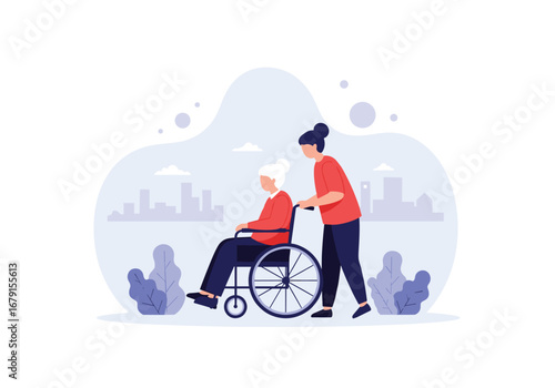 Compassionate caregiver assisting elderly woman in wheelchair with urban background