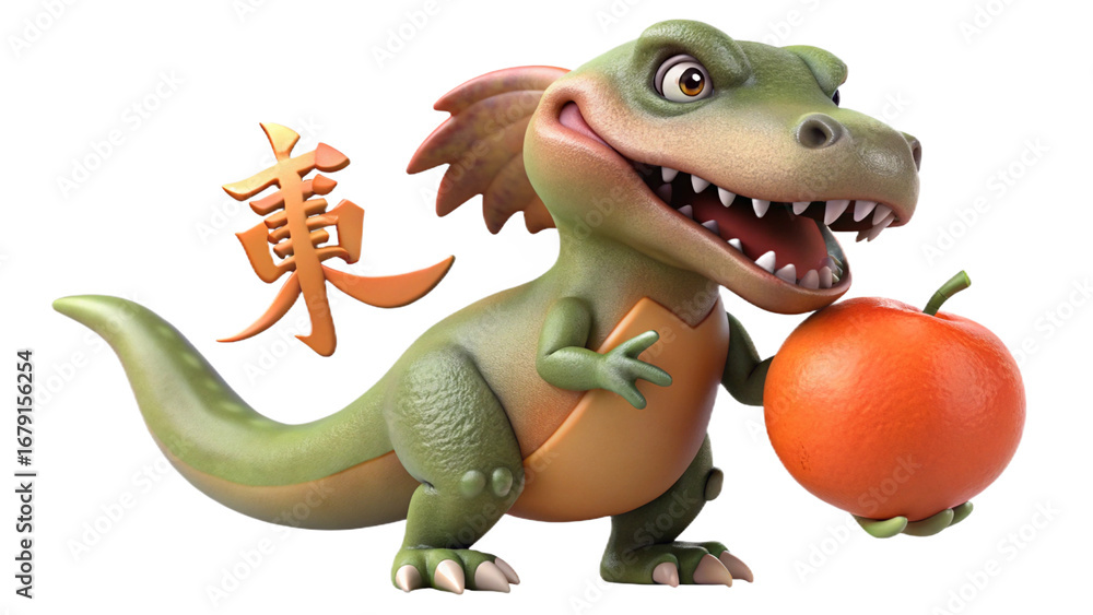 Obraz premium Giganotosaurus on the Chinese theme, isolated on a transparent background PNG, full size, cute cartoon.