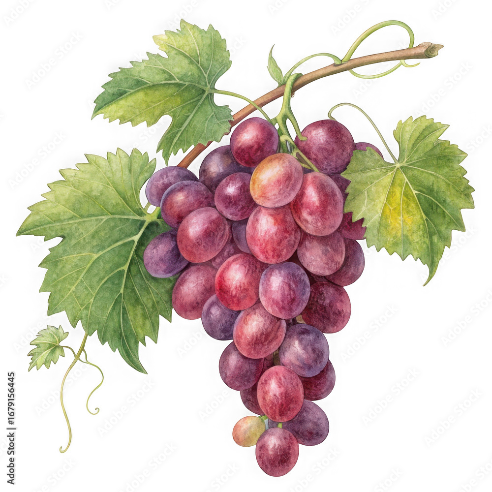 Fototapeta premium Vibrant cluster of red grapes on a vine with lush green leaves realistic rendering transparent background