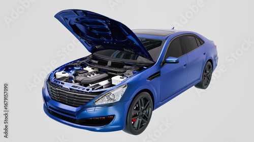 Photos Blue modern car with open hood and engine visible